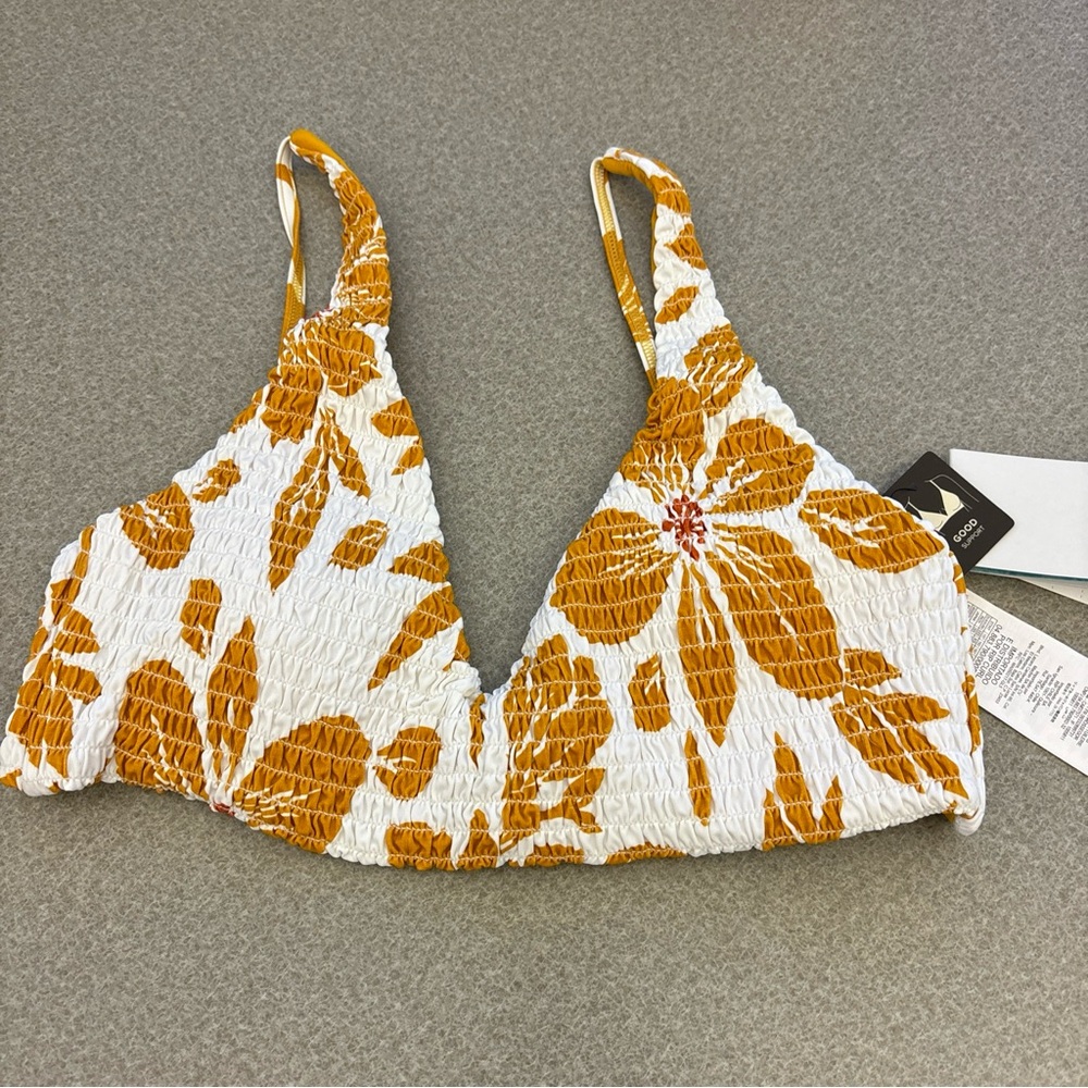 Rip Curl Azalea Shirred Long Line Tri Bikini Top. Gold/White. Medium. NWT